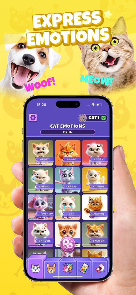 Cat Emotions: Sounds to Pet - Smartphone-Bildschirm, der ein Raster von Katzensymbolen für Emotionen wie Alarm, wütend und neugierig in der Katzenemotionen-App zeigt.
