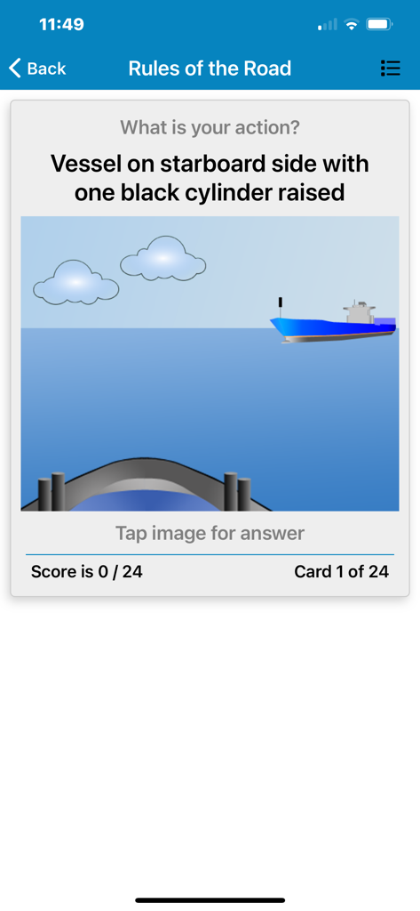Marine Master Self Test - Captura de pantalla de la aplicación Marine Master Self Test que muestra una pregunta de las Reglas de Navegación sobre la identificación de un buque con una marca diurna de cilindro negro