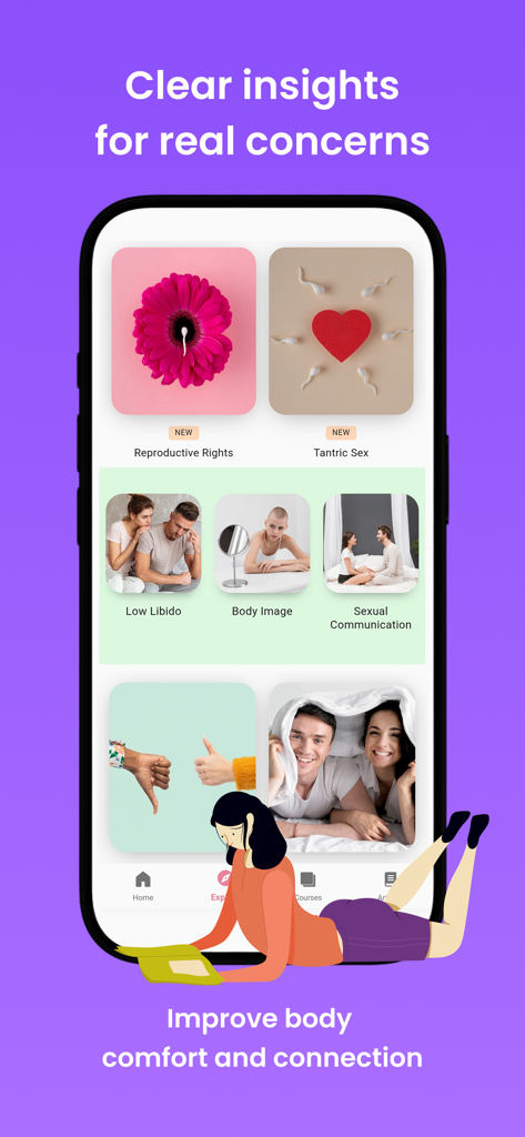 Pleasure: Sexual Wellbeing - Interfaz de una aplicación de bienestar sexual que muestra varios módulos educativos como imagen corporal y comunicación sexual