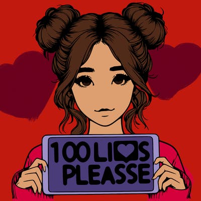 realistic girl with buns in her hair with a sign that says 100 likes please