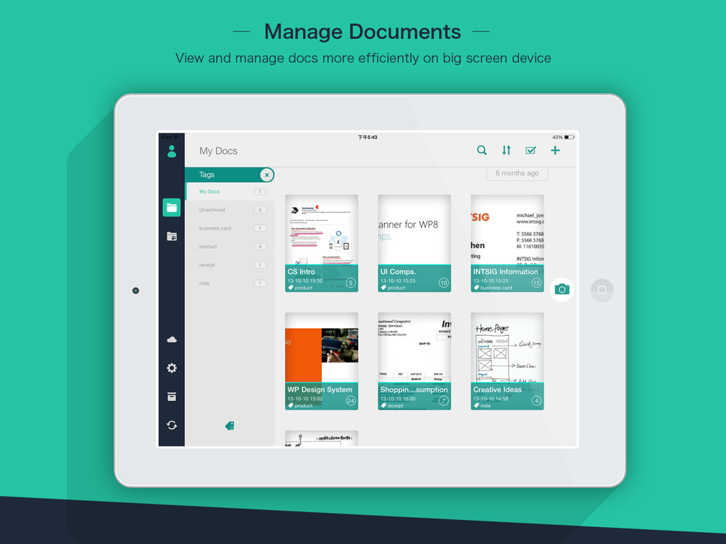 CamScanner HD 앱 인터페이스가 iPad에서 스캔된 문서와 구성 태그를 표시합니다.