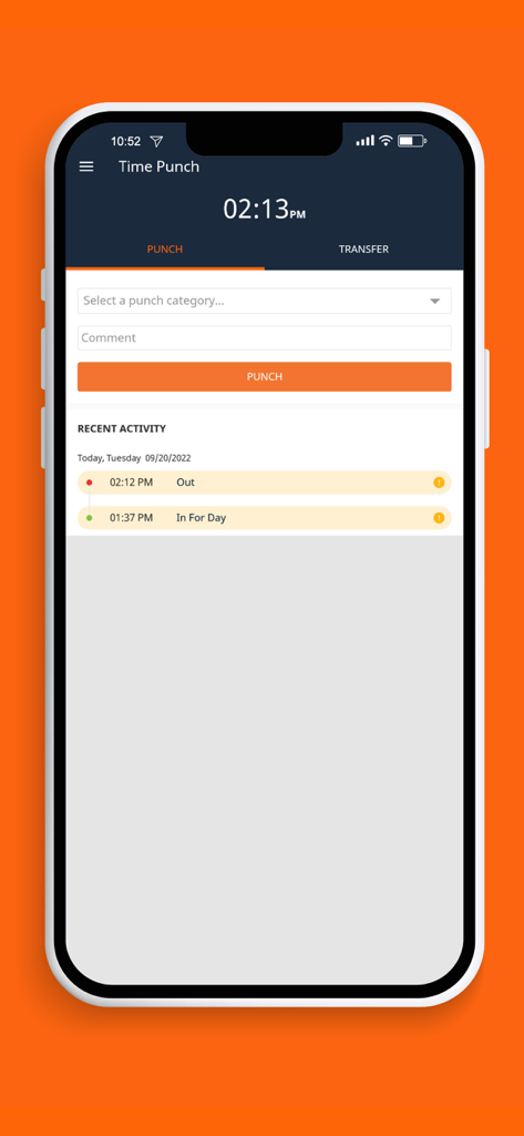 TimeStar Mobile - TimeStar Mobile app interface showing the time punch screen with clock in and clock out activity logs