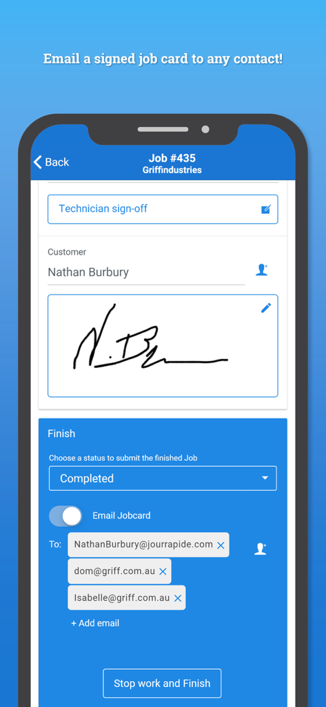 Simpro Mobile app interface showing digital signature capture and email distribution options for a completed job card