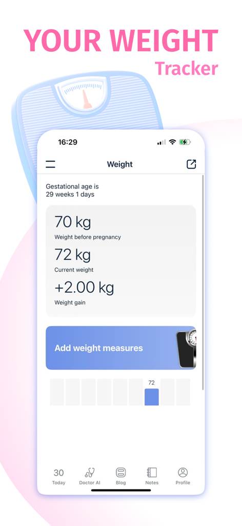 Weight tracking interface in the Stork Pregnancy Tracker app showing current weight weight gain and gestational age