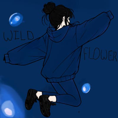 realistic girl jumping with a bun and oversized sweatshirt
