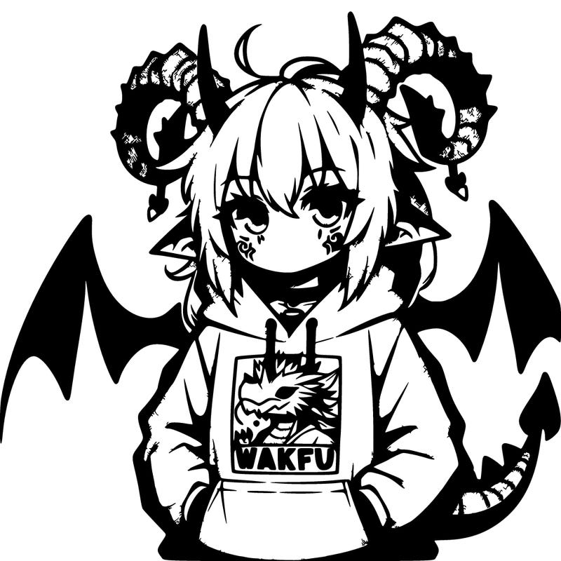emo girl with dragon horns wearing a hoodie that says wakfu