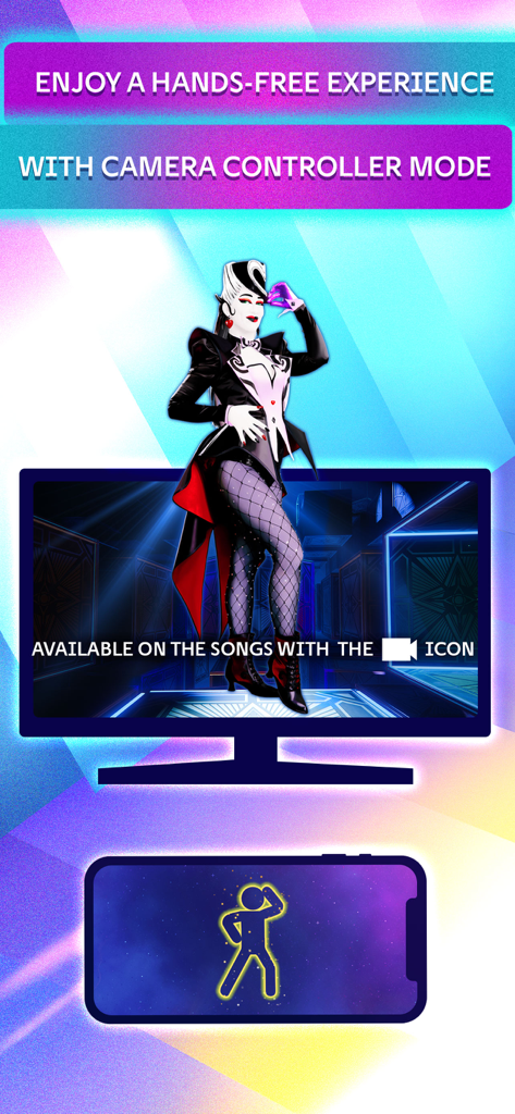 Just Dance Controller app screen showing hands free camera mode with a dancer on TV