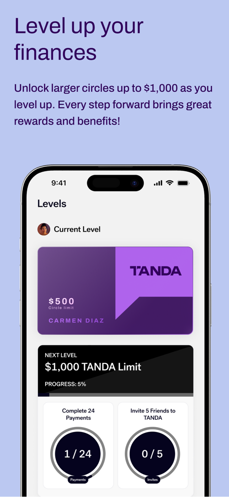 TANDA App - TANDA app screen showing financial levels and progress toward a higher savings circle limit