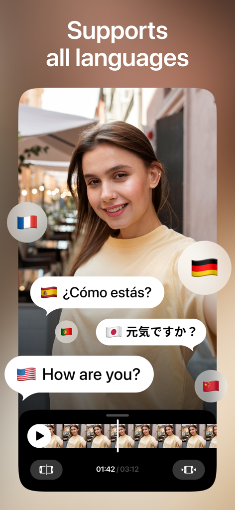 Leto: Font for Instagram Story - Leto app interface displaying multilingual subtitle support for video stories with speech bubbles in different languages.