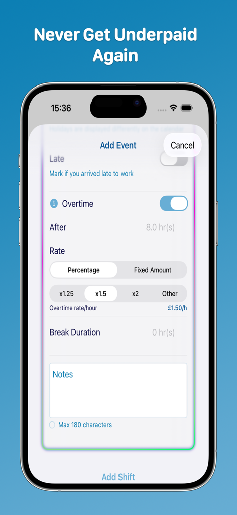 WorkCount - Shift Calendar - Pantalla de la aplicación WorkCount que muestra la configuración de horas extra y tarifas de pago para turnos por hora