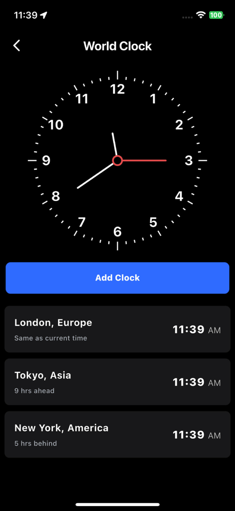 Phone Locator and Phone Finder - Interface de relógio mundial com horários para Londres, Tóquio e Nova York