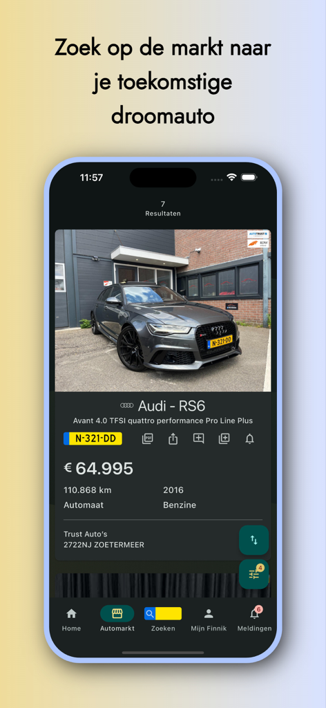 Finnik app interface displaying a car marketplace listing for an Audi RS6 with Dutch license plate and technical details