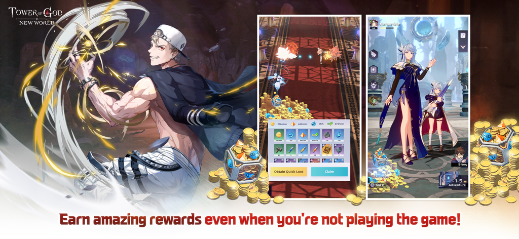 Tower of God: NEW WORLD - Interfaz del juego Tower of God NEW WORLD mostrando recompensas inactivas y personajes de anime elegantes