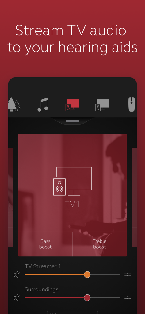 L'interface de l'application ReSound Smart affiche les commandes de diffusion audio du téléviseur avec amplification des basses et des aigus pour les appareils auditifs.