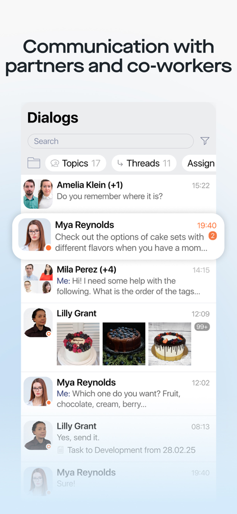 Saby Meet - Saby Meet app screenshot showing the business messenger interface with a list of active chat dialogs between coworkers and partners