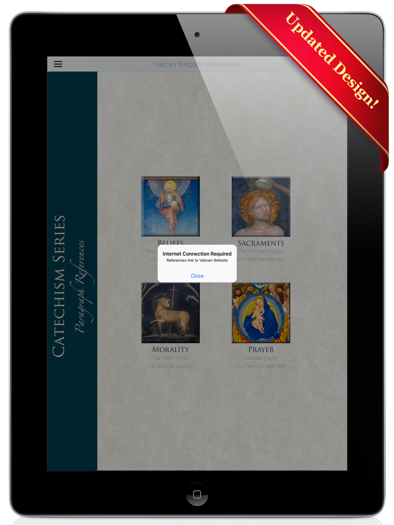CCCSeries1HD - iPad showing the main sections of the CCCSeries1HD Catholic Catechism app including Beliefs Sacraments Morality and Prayer with a Vatican reference notification
