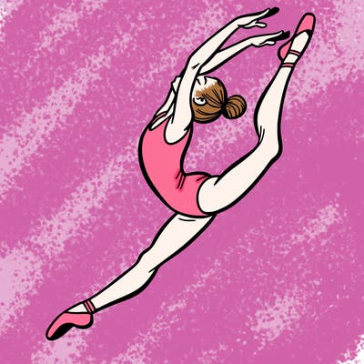 gymnast doing a leap in a leotard with a bent back leg