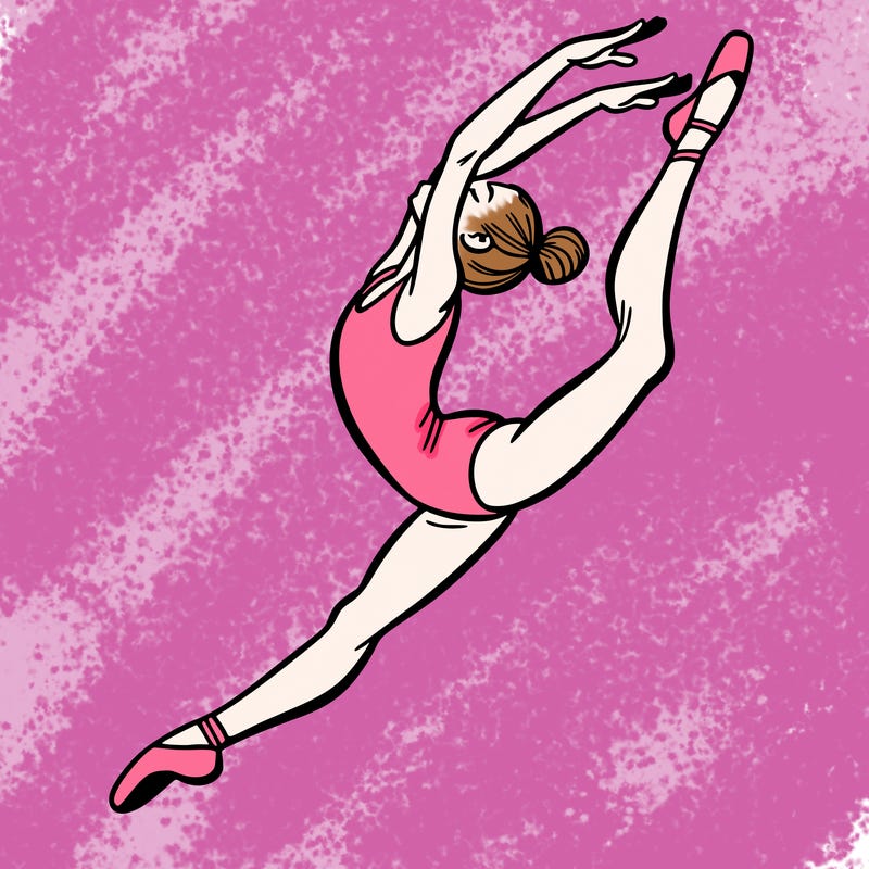 gymnast doing a leap in a leotard with a bent back leg