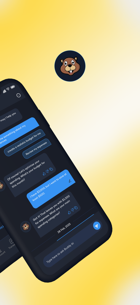 Interfaccia di chat dell'app Budgety che mostra Buddy AI che aiuta un utente a impostare un budget e un obiettivo di risparmio