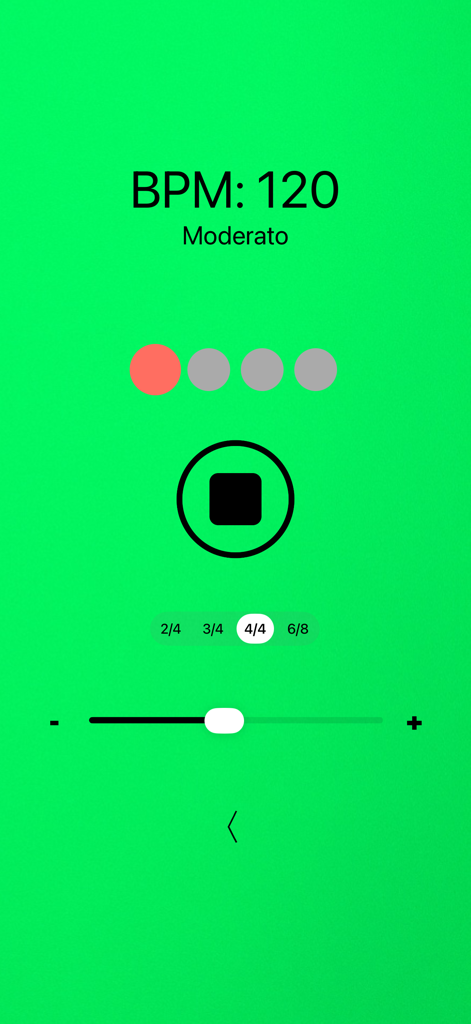 Cello Tuner Basic - Metronome interface of Cello Tuner Basic app showing 120 BPM Moderato tempo and 4/4 time signature