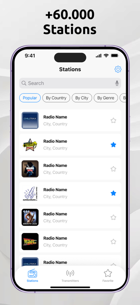 Radio App - FM Transmitter - Interfaccia dell'app Radio che visualizza un elenco di stazioni con filtri di ricerca e categorie