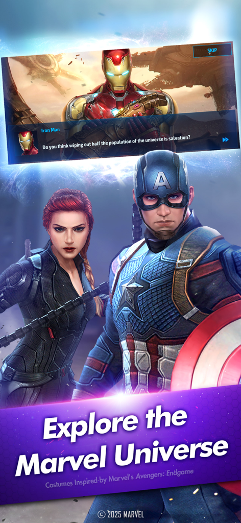 Captain America, Black Widow und Iron Man aus Marvel Future Fight mit Kostümen, die von Avengers Endgame inspiriert sind