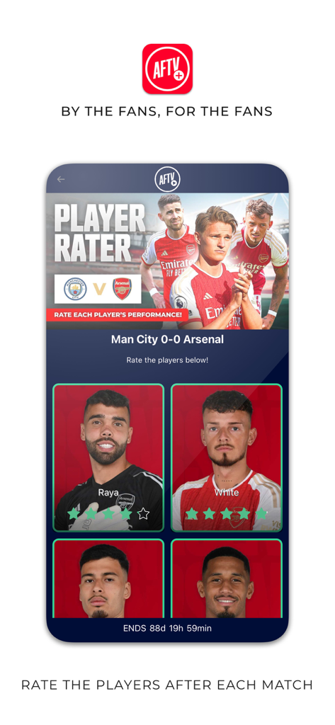 AFTV plus app interface showing the player rater feature where Arsenal fans can give star ratings to players like Raya and White after a match