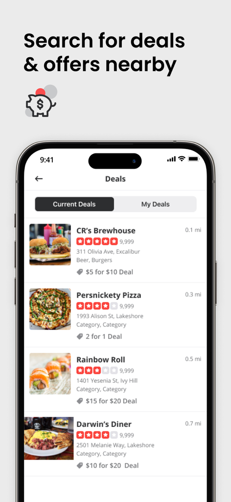 Tela do aplicativo Yelp mostrando várias ofertas e promoções de restaurantes disponíveis na área local