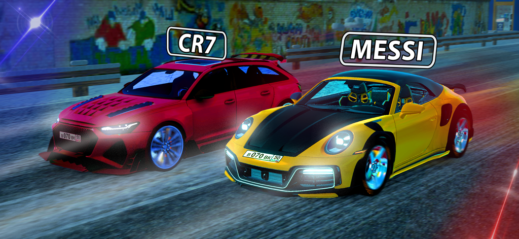 Caucasus Traffic Racer - Two customized sports cars racing side by side with CR7 and Messi name tags