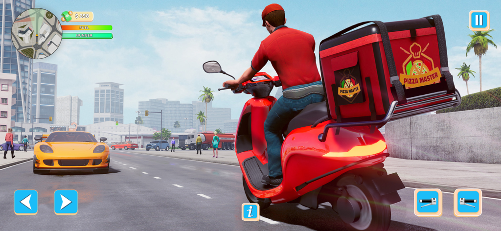 Pizza Food Delivery Boy Games - Un repartidor conduciendo una moto roja con una bolsa térmica para pizza por una calle de ciudad 3D.