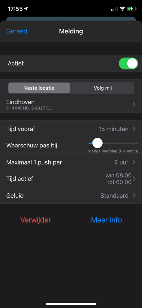비 강도 임계값 및 활성 시간 구성을 보여주는 비 알림 앱의 사용자 정의 가능한 알림 설정 화면