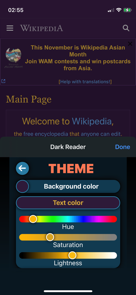 Interface of the Dark Reader for Safari extension showing custom theme settings for background and text colors on a Wikipedia page.