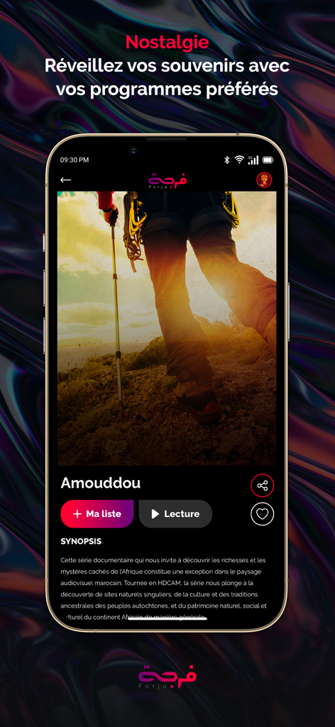 Forja app interface displaying the Moroccan documentary series Amouddou with options to add to list or play