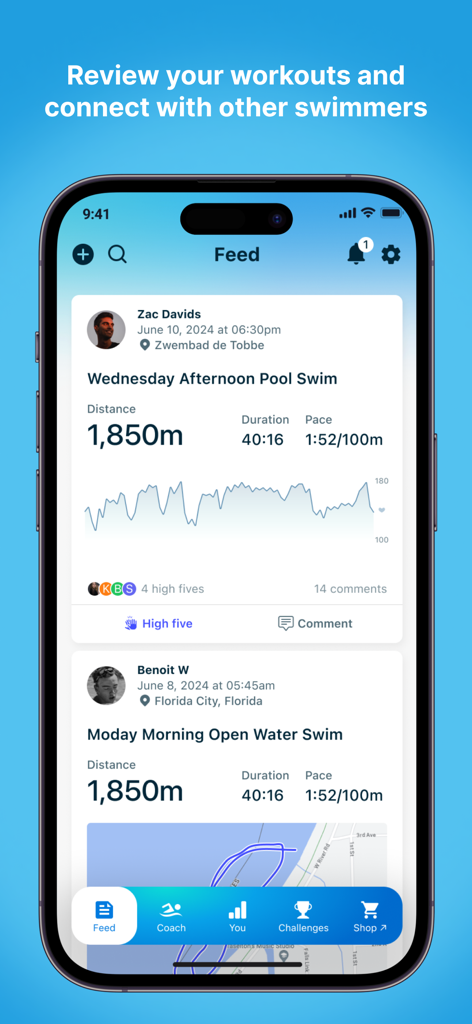 Swim.com app social feed interface showing swimming distance, pace, and workout graphs for community connection.