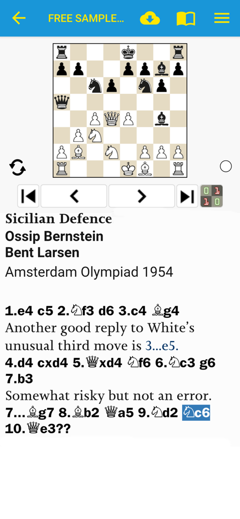 Interface de livro de xadrez digital exibindo um diagrama de tabuleiro e notações de jogadas para a Defesa Siciliana