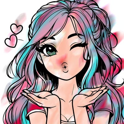 realistic girl winking and blowing a kiss while making heart hands