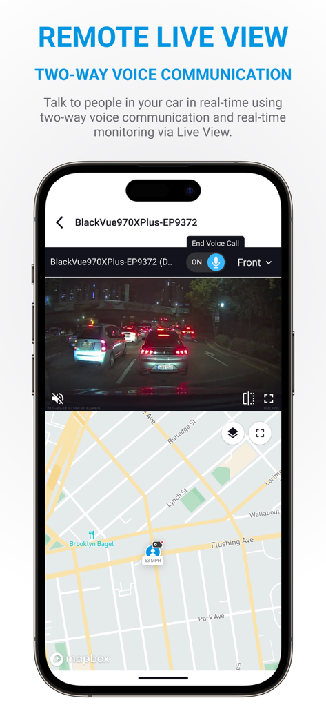 Interface da aplicação para dashcam BlackVue com vídeo remoto em direto e rastreio GPS num mapa