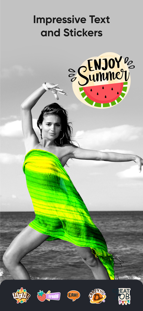 Selective color photo editing showing a woman in a vibrant green dress against a black and white beach background with summer stickers