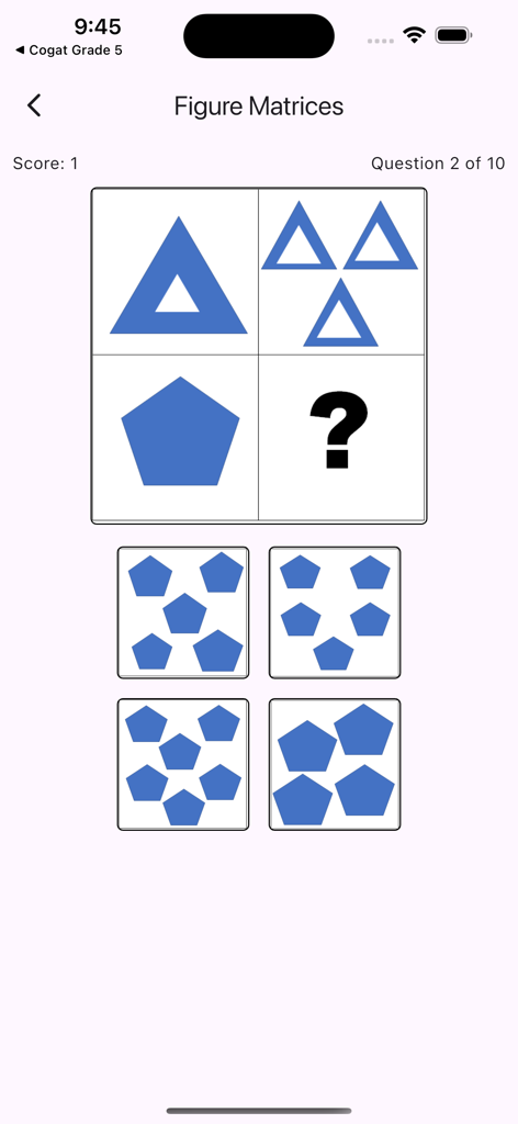 COGAT for Grade 6 - A Figure Matrices logic puzzle from the COGAT Grade 6 test prep app showing geometric shape patterns.