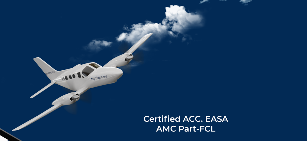 capzlog.aero pilot logbook - A twin-engine aircraft flying in a clear blue sky with text indicating EASA certification for the capzlog.aero pilot logbook app.