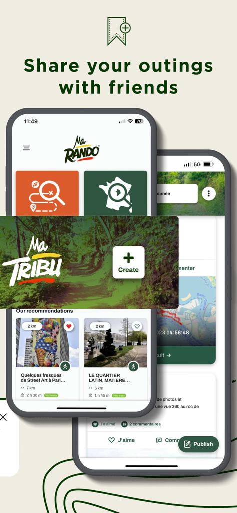 MaRando app interface showing social features to share and create hiking outings with friends.
