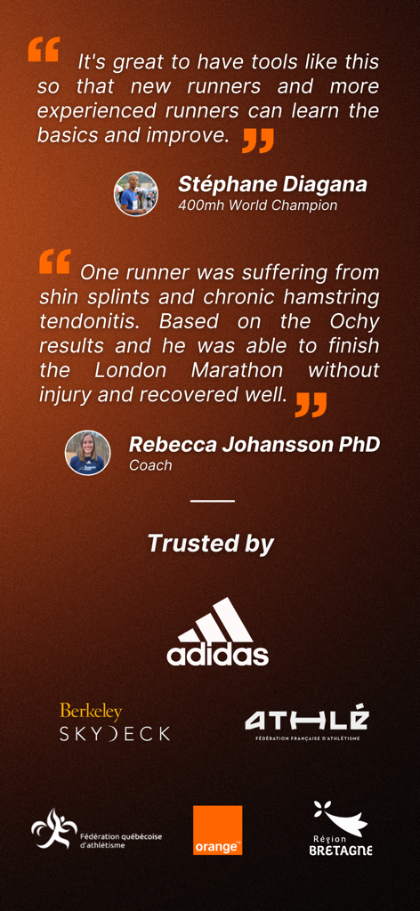 Experten-Testimonials und Partnerlogos, einschließlich Adidas und Leichtathletikverbänden, für die Ochy Laufanalyse-App