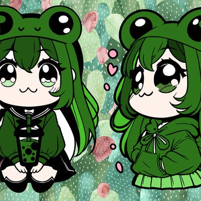 cute manga frog girl with boba