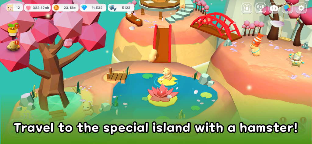 Cute hamsters exploring a colorful fairy tale island with pink trees and a red bridge