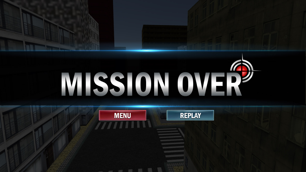 Sniper Shooter Secret Mission - Mission Over screen in Sniper Shooter Secret Mission game with menu and replay buttons