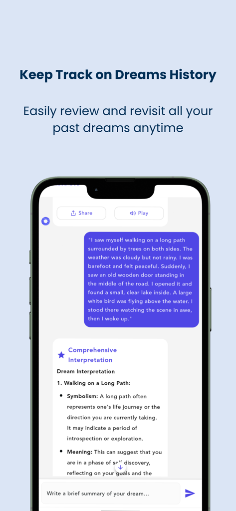 A mobile screenshot showing a dream history log with a comprehensive AI-powered interpretation of a user's dream