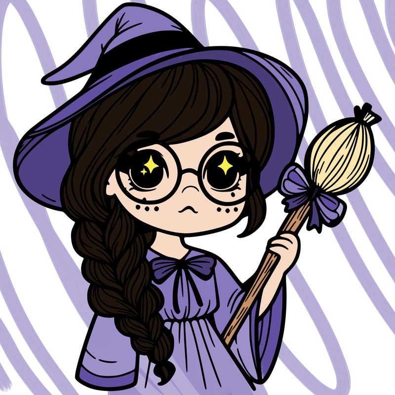 a witch with a braid and two glasses