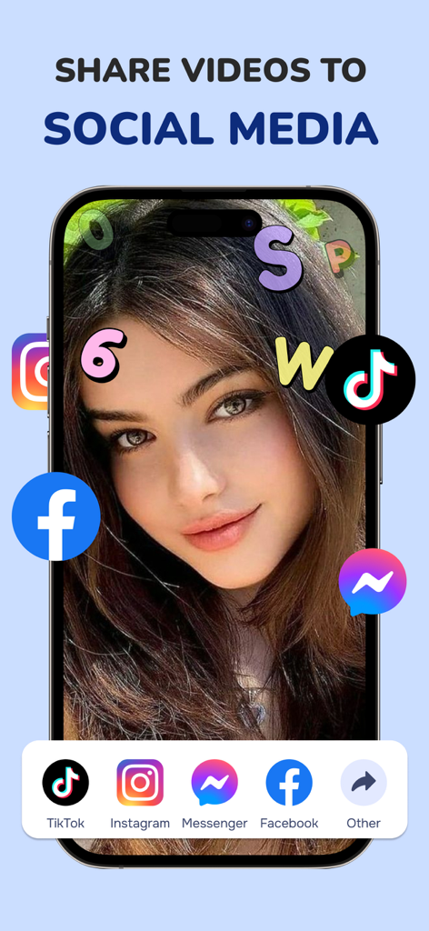 A smartphone screen showing a woman with a filter and social media sharing icons for TikTok Instagram Messenger and Facebook