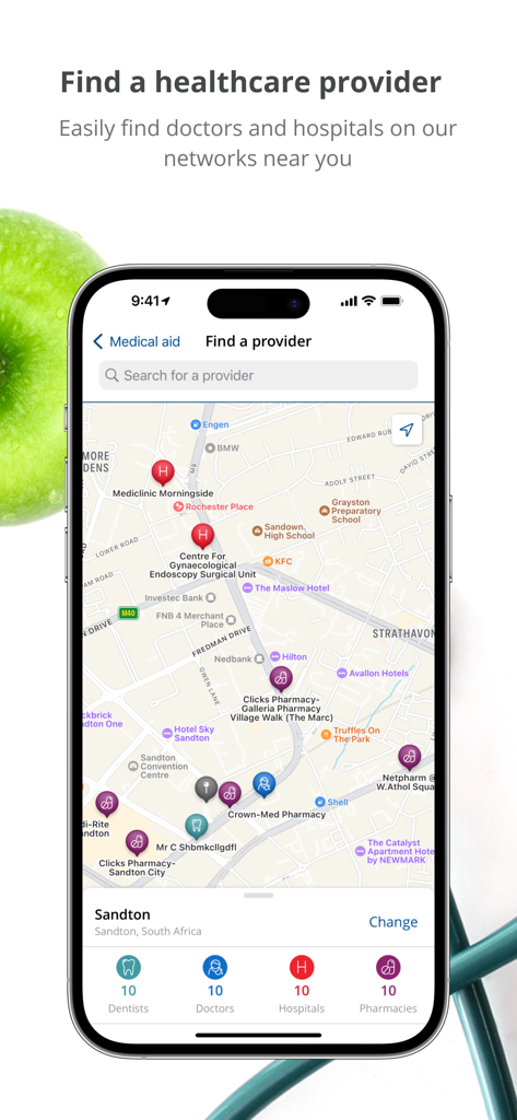 Discoveryアプリで近くの医療提供者を示す地図。