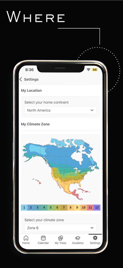 Mirai Mobile - Einstellungen-Bildschirm der Mirai Mobile App, der eine nordamerikanische Klimazonenkarte für die personalisierte Bonsai-Pflege zeigt.